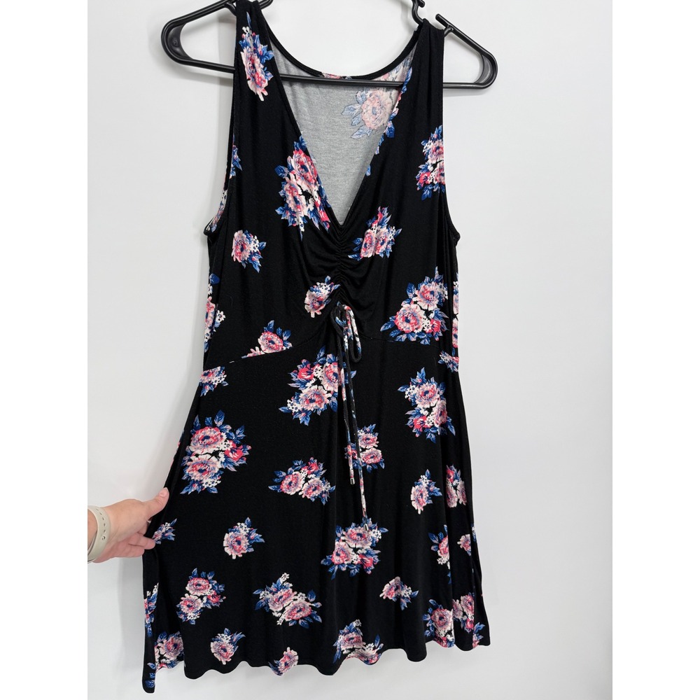 Floral Mini Dress Womens Medium Black Pink Ruched V-Neck Sleeveless Boho cottage